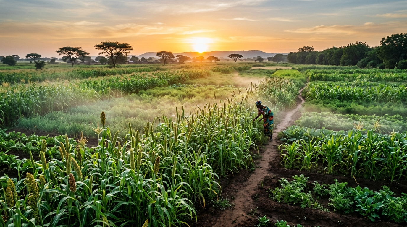 Cultures maraîchères et céréalières florissantes au lever du jour au Sénégal